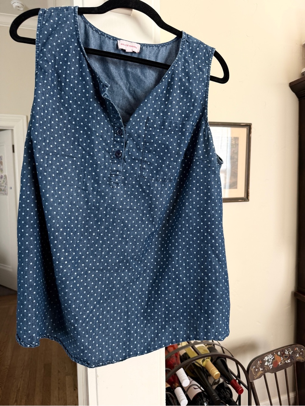 Blue Polka Dot Sleeveless Tank Top with Button V-Neck